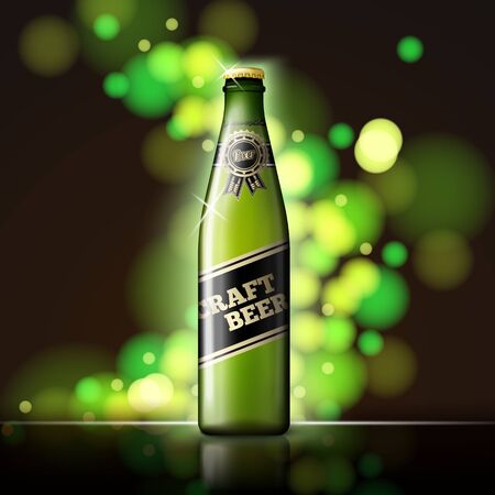 Vector Beer advertisement template, green bottle on dark background with bright green lights, on table with reflection.のイラスト素材