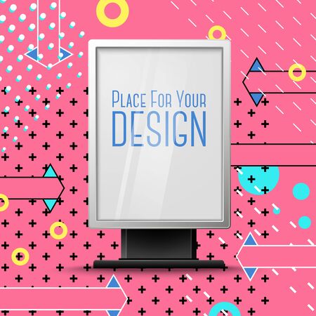 Vector bright realistic billboard on abstract memphis style background, with geometric shapes. With place for your text.のイラスト素材