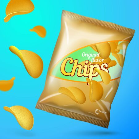 Vector Chips advertisement template for your design, with chips flow and golden foil pack.のイラスト素材