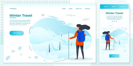 Vector winter illustration set country hiking girlのイラスト素材