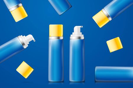 Vector bright blue foam bottles with yellow capsのイラスト素材