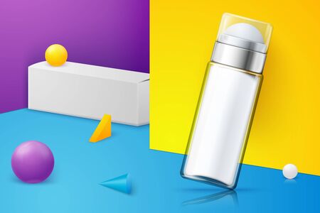 Vector 3d realistic abstract scene with deodorant bottle and paper box. Bright blue, violet and yellow background with geometric shapes.のイラスト素材
