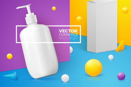 Vector 3d realistic abstract scene with pump shampoo bottle and paper box. Bright blue, violet and yellow background with geometric shapes, with place for your text.のイラスト素材