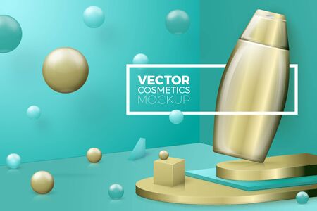 Vector 3d realistic abstract scene with text, border and shampoo bottle. Gold and green background with geometric shapes and walls.のイラスト素材