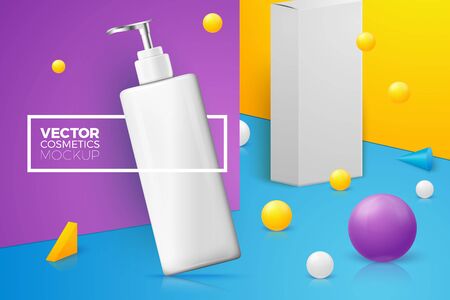 Vector 3d realistic abstract scene with text and border, shampoo bottle and box. Bright violet, blue and yellow background with geometric shapes and walls.のイラスト素材