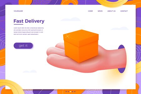 Vector site delivery banner concept - cartoon 3d realistic hand holding orange present box, with place for your text and button, landing page template.のイラスト素材