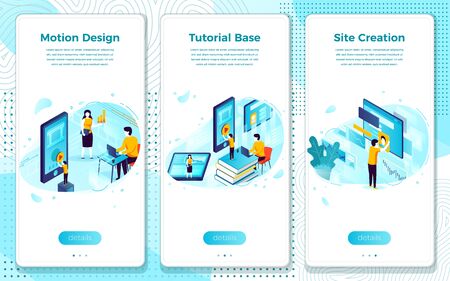 Vector mobile illustration set - online learning, tutorial base for motion design. Modern bright banner, site template with place for your text.のイラスト素材
