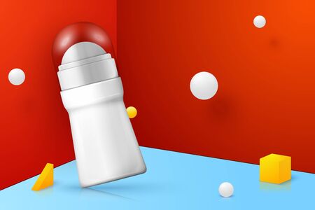 Vector 3d realistic abstract scene with deodorant bottle. Bright blue, red and yellow background with geometric shapes.のイラスト素材
