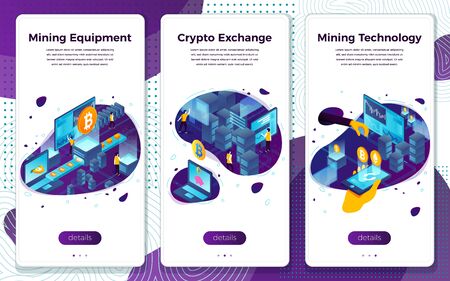 Vector mobile illustration set - cryptocurrency mining, equipment, exchange. Modern bright banner, site template with place for your text.のイラスト素材