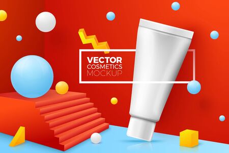Vector 3d realistic abstract corner scene with tube cream. Bright blue, red and yellow background with geometric shapes and border with place for your text.のイラスト素材