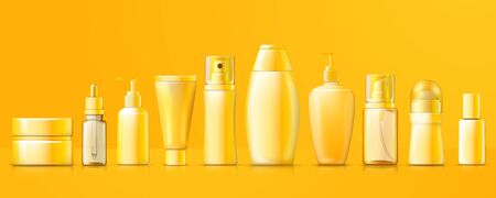 Vector 3d realistic yellow different cosmetics packs on bright background with reflection. Mock-up for product package branding.のイラスト素材