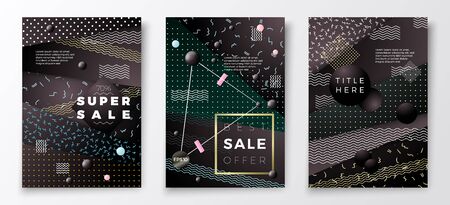 Vector 3d realistic Sale paper memphis style poster templates, dark modern background with geometric shapes.のイラスト素材