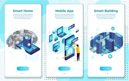 Vector mobile illustration set - Smart home and building application. Modern bright banner, site template with place for your text.のイラスト素材