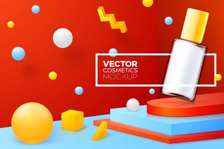 Vector 3d realistic abstract corner scene with nail polish bottle. Bright blue, red and yellow background with geometric shapes and border.のイラスト素材