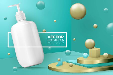 Vector 3d realistic abstract scene with text,shampoo bottle. Gold and green background with geometric shapes and walls.のイラスト素材
