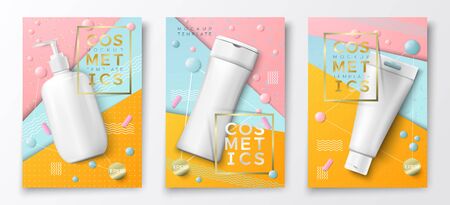 Vector 3d realistic cosmetic bottles poster templates, pump bottle, tube and shampoo on bright modern background with geometric shapes. Mock-up for product package branding.のイラスト素材