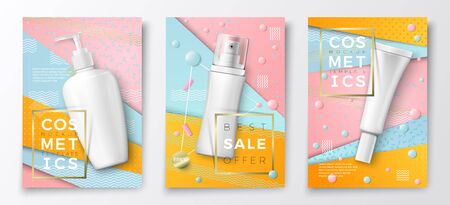 Vector 3d realistic cosmetic bottles poster templates, pump bottle, tube and spray bottle on bright modern background with geometric shapes. Mock-up for product package branding.のイラスト素材