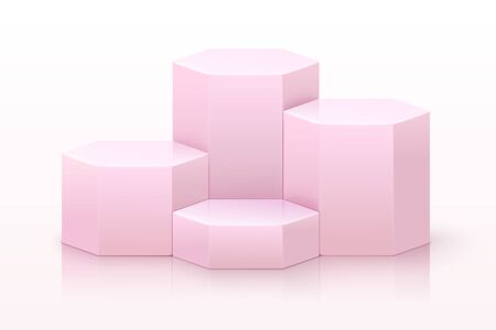 Vector realistic pink hexagonal podium with reflections, showcase for your products isolated on white background.のイラスト素材