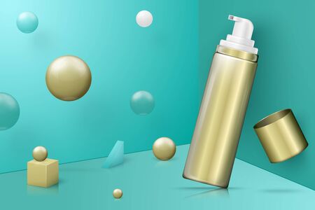 Vector 3d realistic abstract scene with mousse bottle. Bright blue and golden background with geometric shapes.のイラスト素材