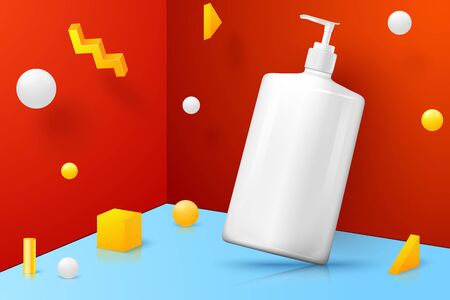 Vector 3d realistic abstract scene with cosmetics pump bottle. Bright blue, red and yellow background with geometric shapes.のイラスト素材