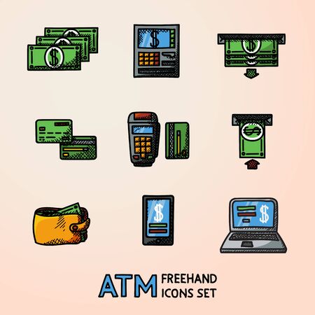 Set of ATM handdrawn doodle sketch icons with - machine, cards and wallet, portable device, smartphone, money transfer, notebook, bills. Vector illustrationのイラスト素材