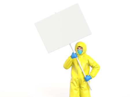 Medic in bright yellow hazmat suit holding posterの写真素材