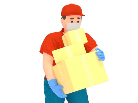 3D delivery man in protection mask with boxesの写真素材
