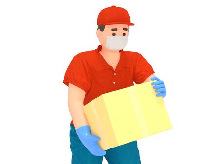 Cartoon delivery man in protection mask, with boxの写真素材