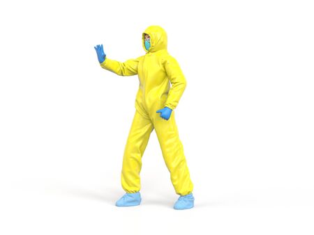 Medic in yellow hazmat suit raise hand, stop signの写真素材