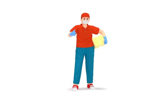 Cartoon 3d delivery man in protection mask, glovesの写真素材