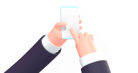 3d render illustration. Cartoon business hand in suit with phone. Isolated on white background.の写真素材