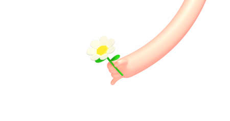 3d render illustration. Cartoon business hand with chamomile flower. Present giving concept. Isolated on white background.の写真素材