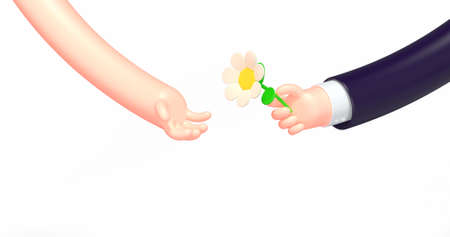 3d render cartoon business hand, chamomile flowerの写真素材