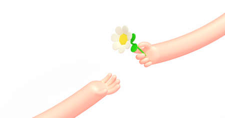 3d render cartoon business hand, chamomile flowerの写真素材