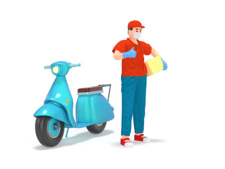 Cartoon 3d delivery man in protection mask, glovesの写真素材