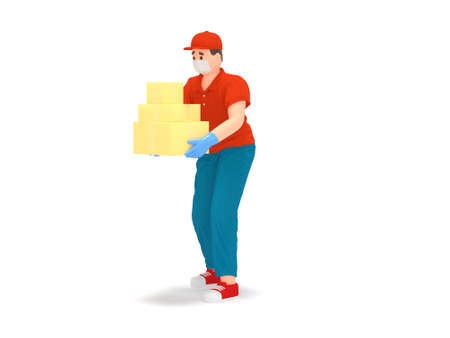 3D delivery man in protection mask with boxesの写真素材