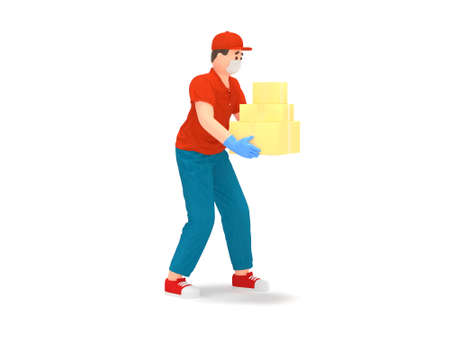 3D delivery man in protection mask with boxesの写真素材