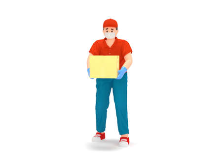 Cartoon 3d delivery man in protection mask, glovesの写真素材