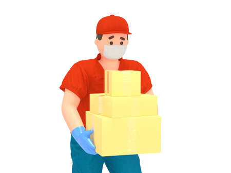 3D delivery man in protection mask with boxesの写真素材