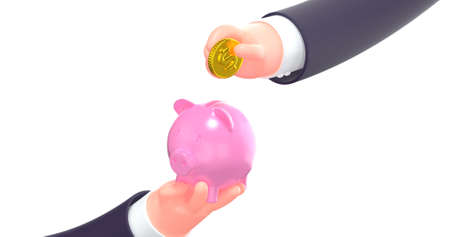 3d render cartoon hand put coin in pink piggy bankの写真素材