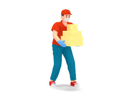 3D delivery man in protection mask with boxesの写真素材