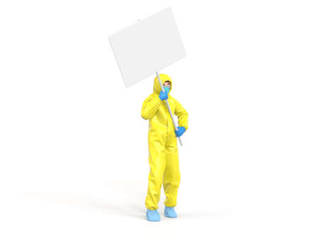 Medic in bright yellow hazmat suit holding posterの写真素材