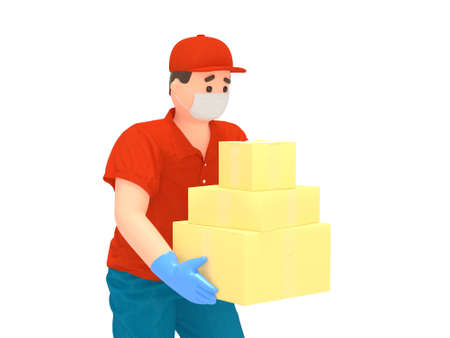 3D delivery man in protection mask with boxesの写真素材