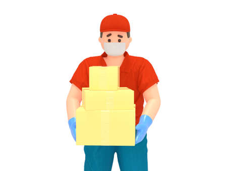 3D delivery man in protection mask with boxesの写真素材