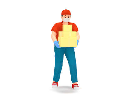 3D delivery man in protection mask with boxesの写真素材