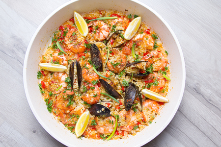Paella with shrimps and mussels. Traditional Spanish dishの写真素材