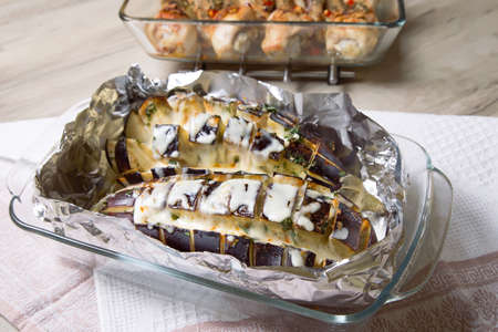 Eggplant baked with mozzarella. Selective focusの写真素材