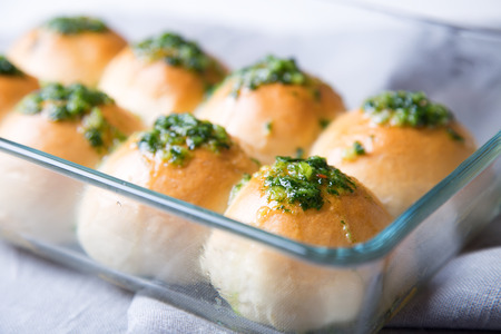 Buns (pampushki) with garlic and parsley. Traditional bread to soup in Russia and Ukraine. Selective...