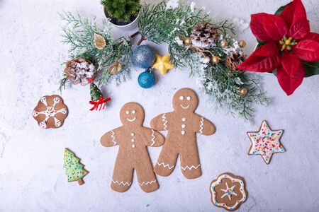 Gingerbread men and figures. Traditional New Year and Christmas homemade cookies. Christmas...
