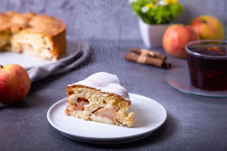 Apple pie Charlotte sprinkled with powdered sugar. A traditional biscuit cake with apples and cinnamon. Close-up.の写真素材